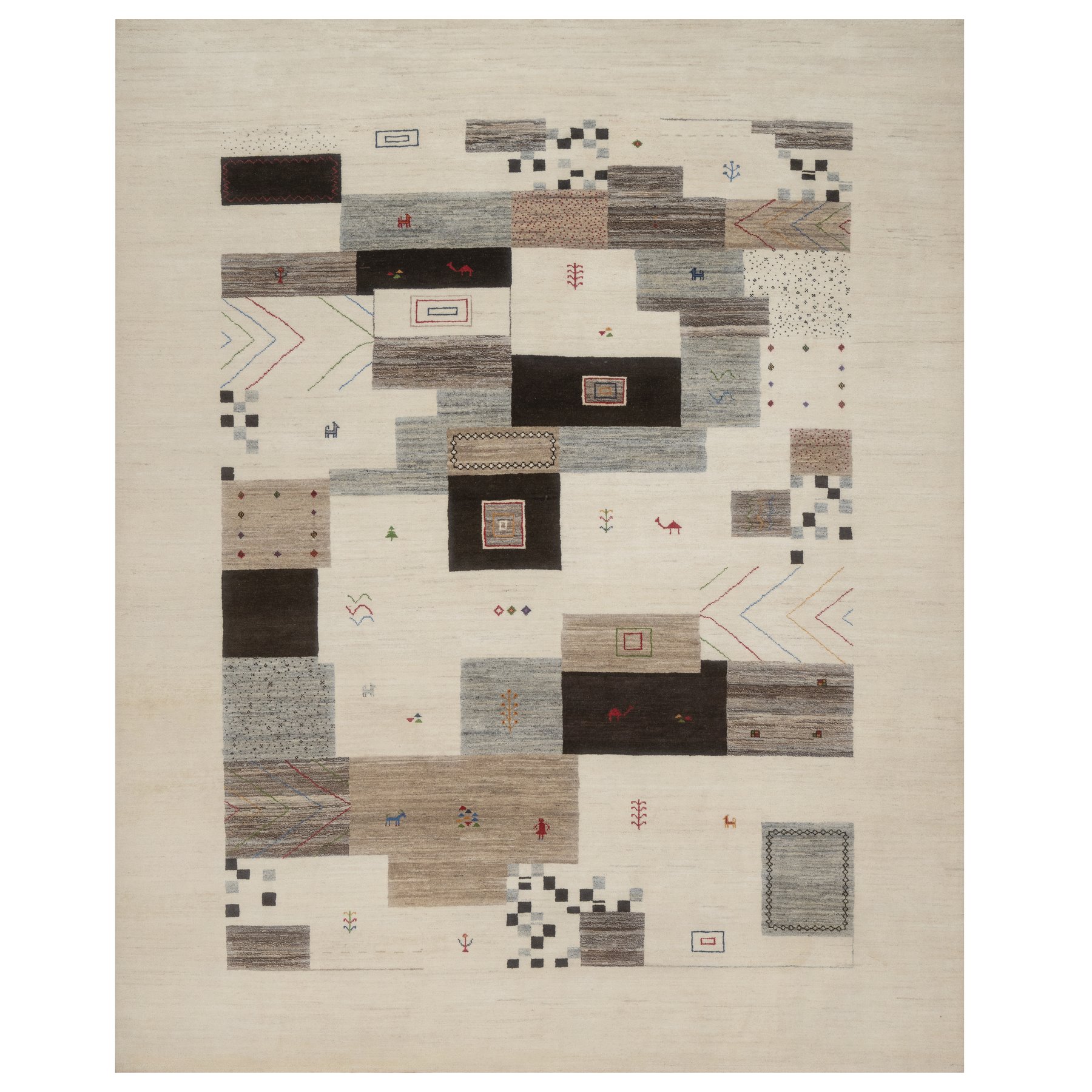 Parchment White, Modern, Lori Buft Gabbeh with Block Design, Small Animal Figurines, Soft Wool, Hand Knotted, Thick and Plush, Oriental Rug